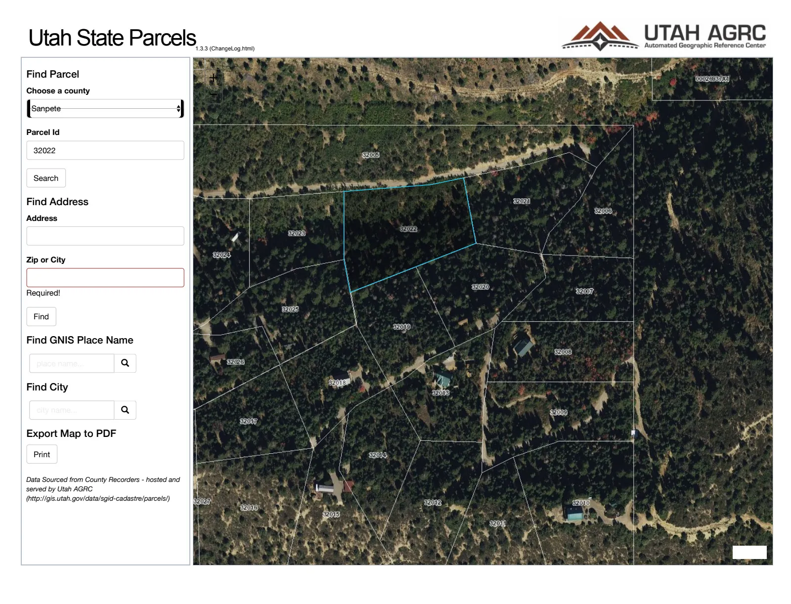 Utah State Parcels Map. Displaying geographical parcel data and search interface for the property