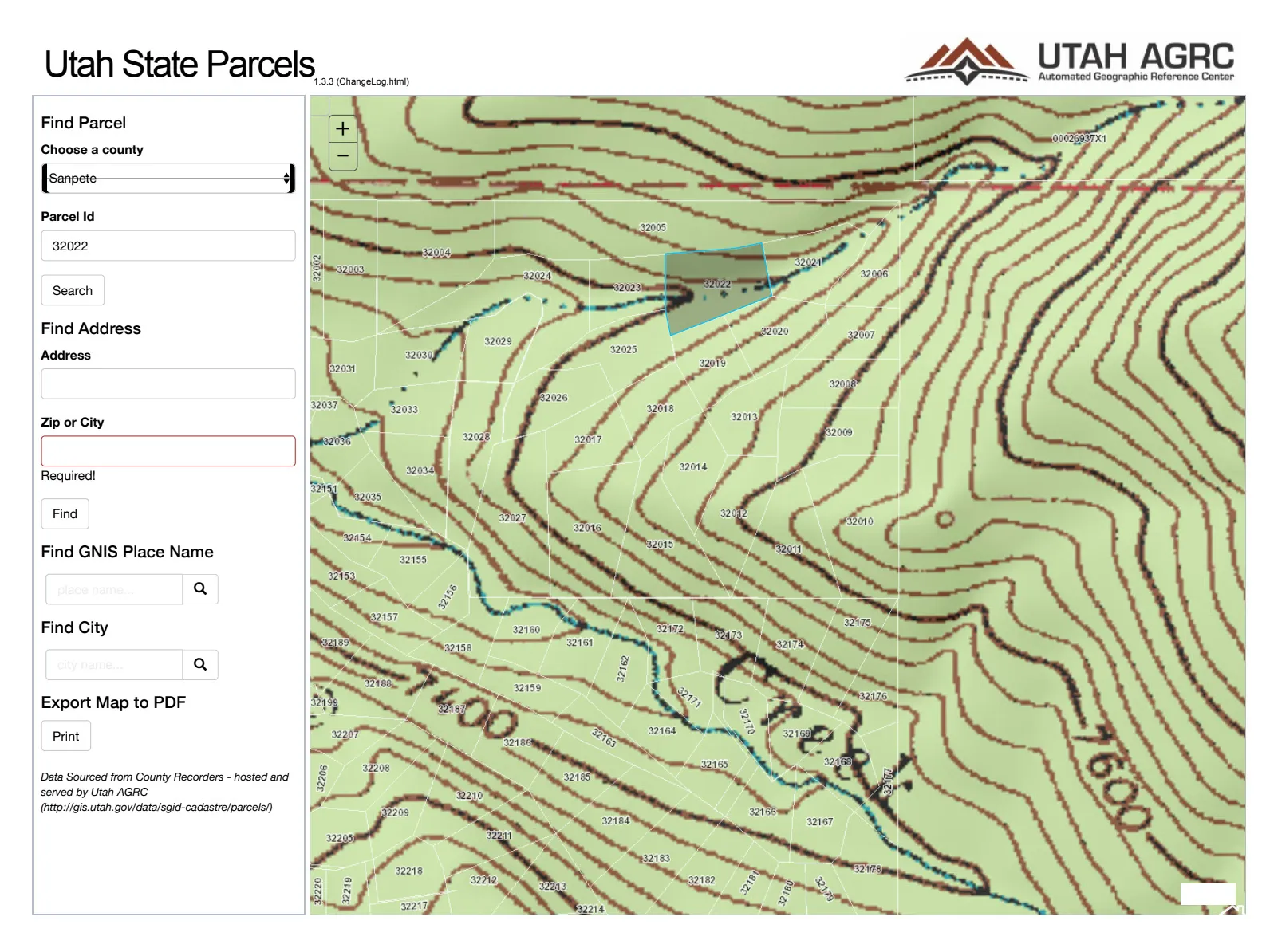 Utah State Parcels, Parcel Search Interface. Displaying a topographical map with an identified parcel and search parameters