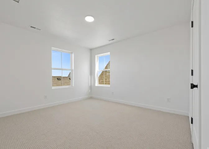 Carpeted room featuring two windows, a ceiling-mounted light fixture, white walls, and white trim