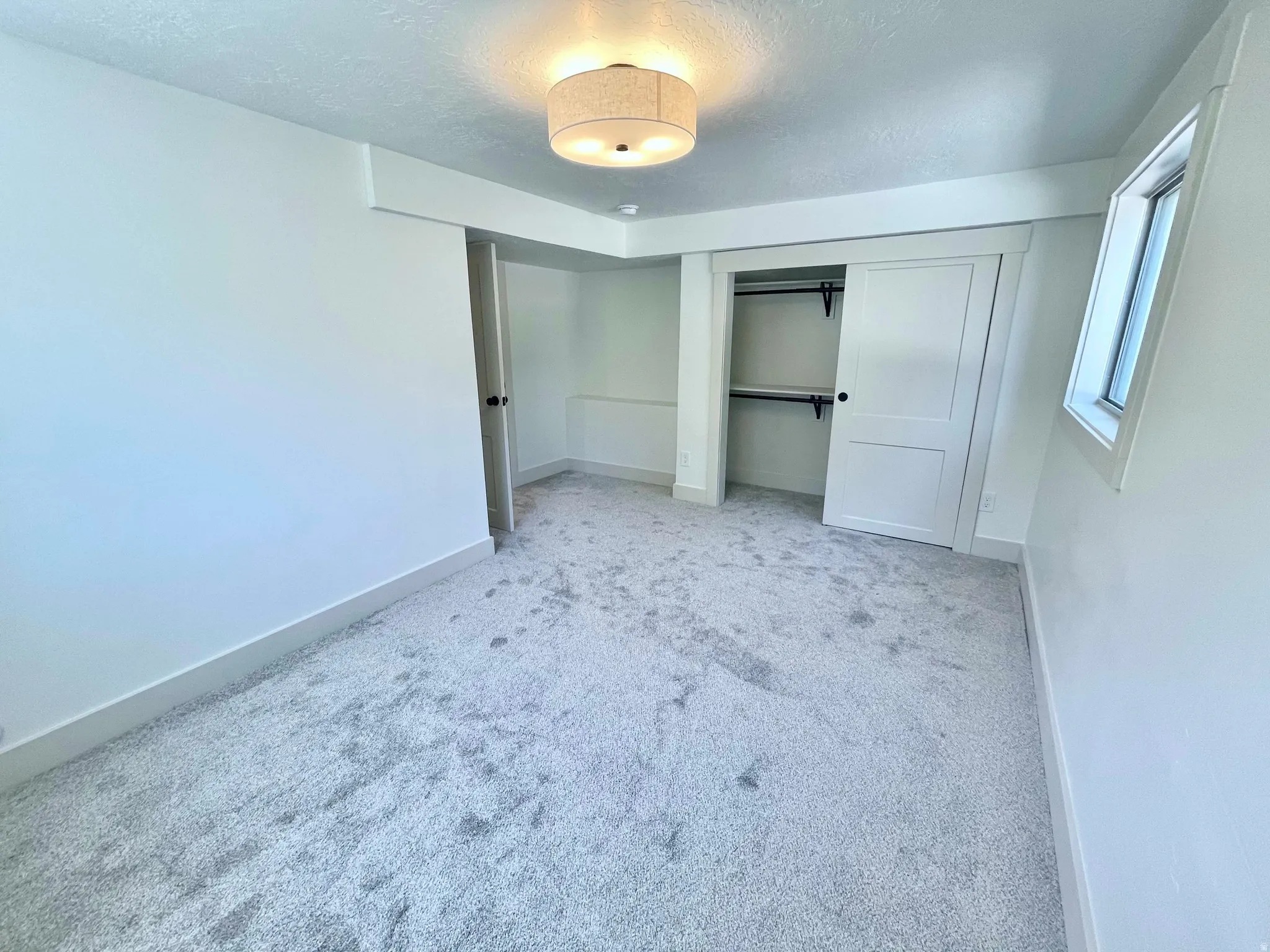 Bright room featuring light gray carpet, white walls, and a contemporary flush-mount ceiling light
