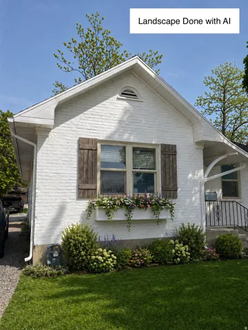 White painted brick exterior with a pitched roofline, LANDSCAPE DONE WITH AI