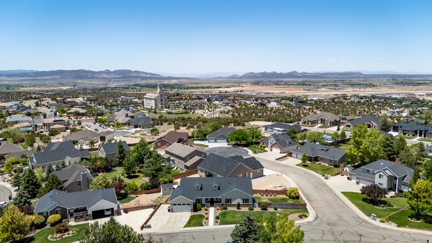 Aerial perspective showcasing a residential neighborhood with diverse architectural styles