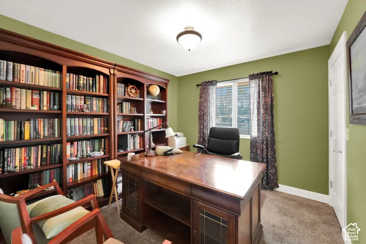 Built-in custom wood cabinetry and shelving provide extensive storage