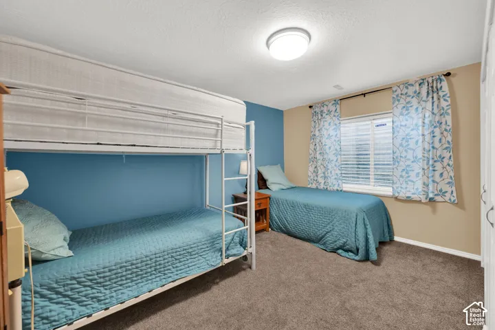 Carpeted room featuring a window with blinds, a ceiling-mounted light fixture, and two-tone wall paint