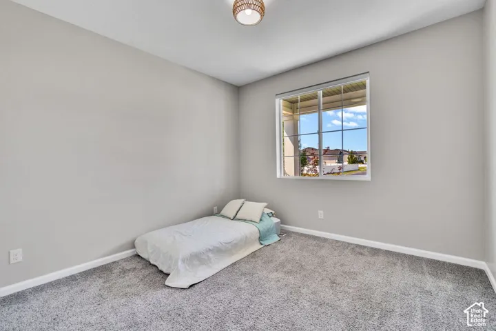 Carpeted room with light grey walls and white trim