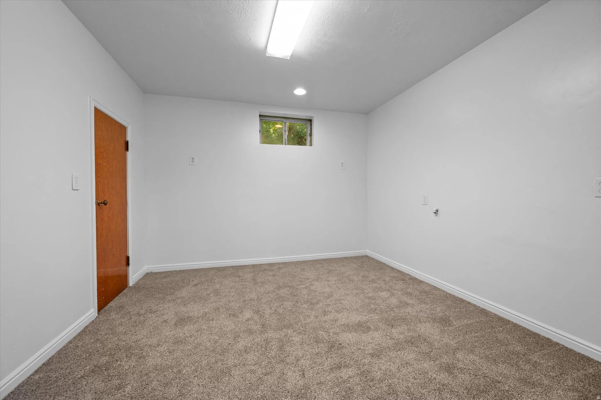 Carpeted room featuring white walls, a wood-finish door, and a high window