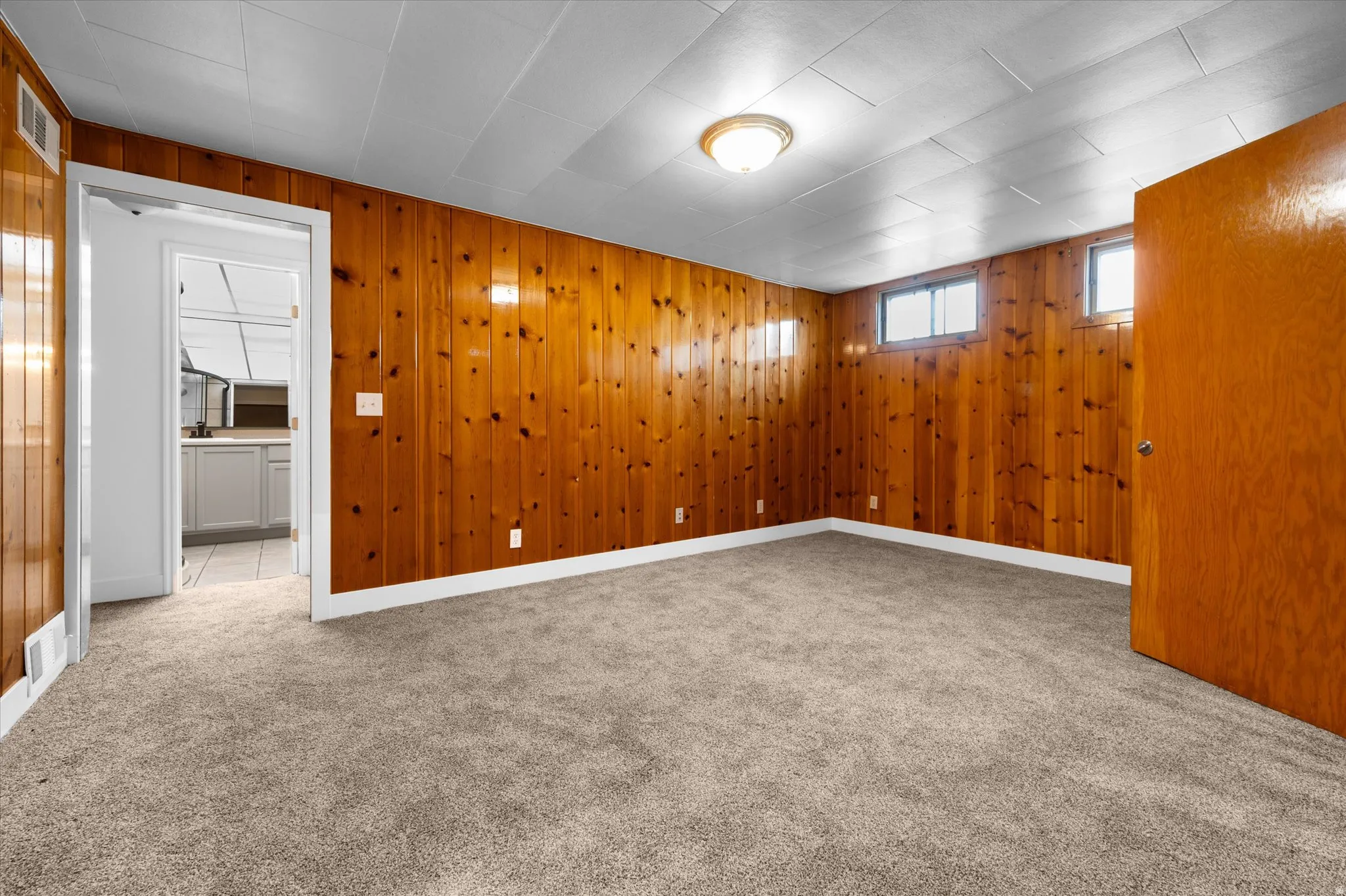 Spacious room featuring wood paneling, light gray carpeting, and a white ceiling