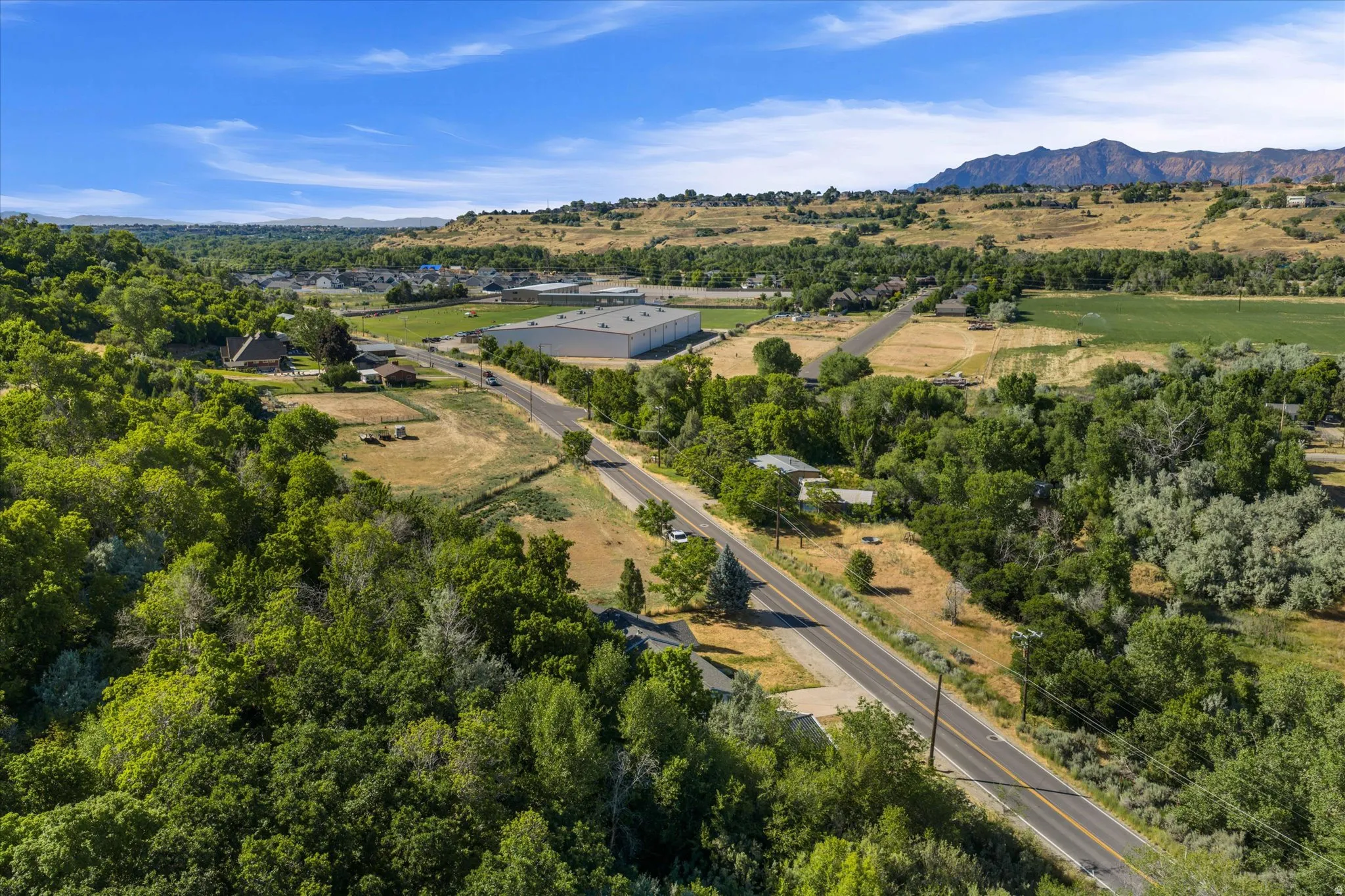 Expansive property featuring mature trees and a paved road