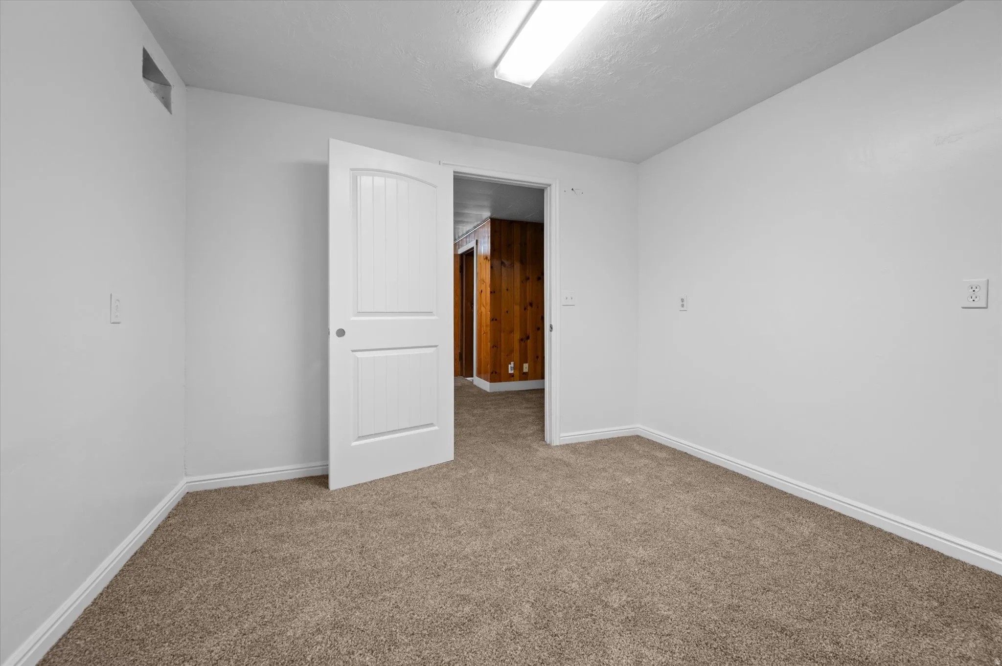 Room featuring neutral carpeting, white baseboards, and a white interior door with an arched top panel
