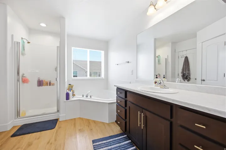Bright bathroom featuring wood-finish flooring