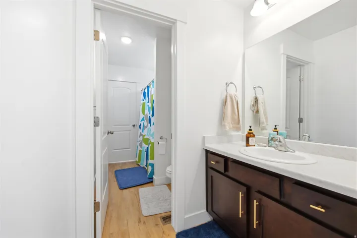 Bathroom vanity featuring a single basin sink and a stone-finish countertop