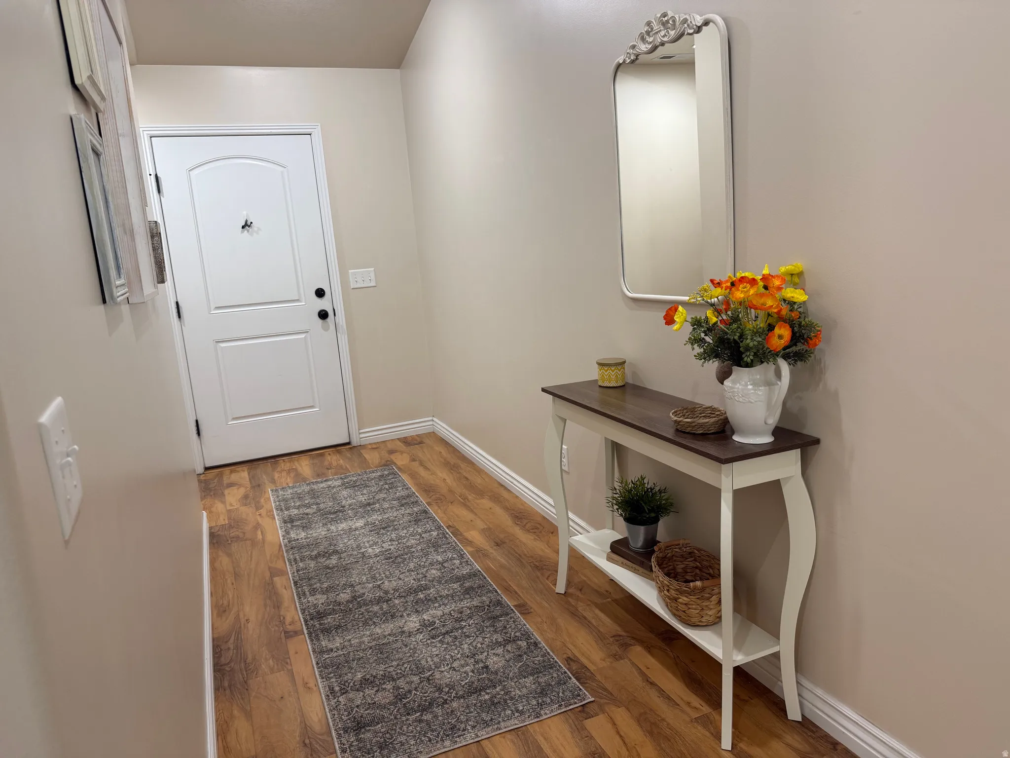 Entryway featuring wood-finish flooring, a white paneled door, and a decorative wall mirror with an ornate frame