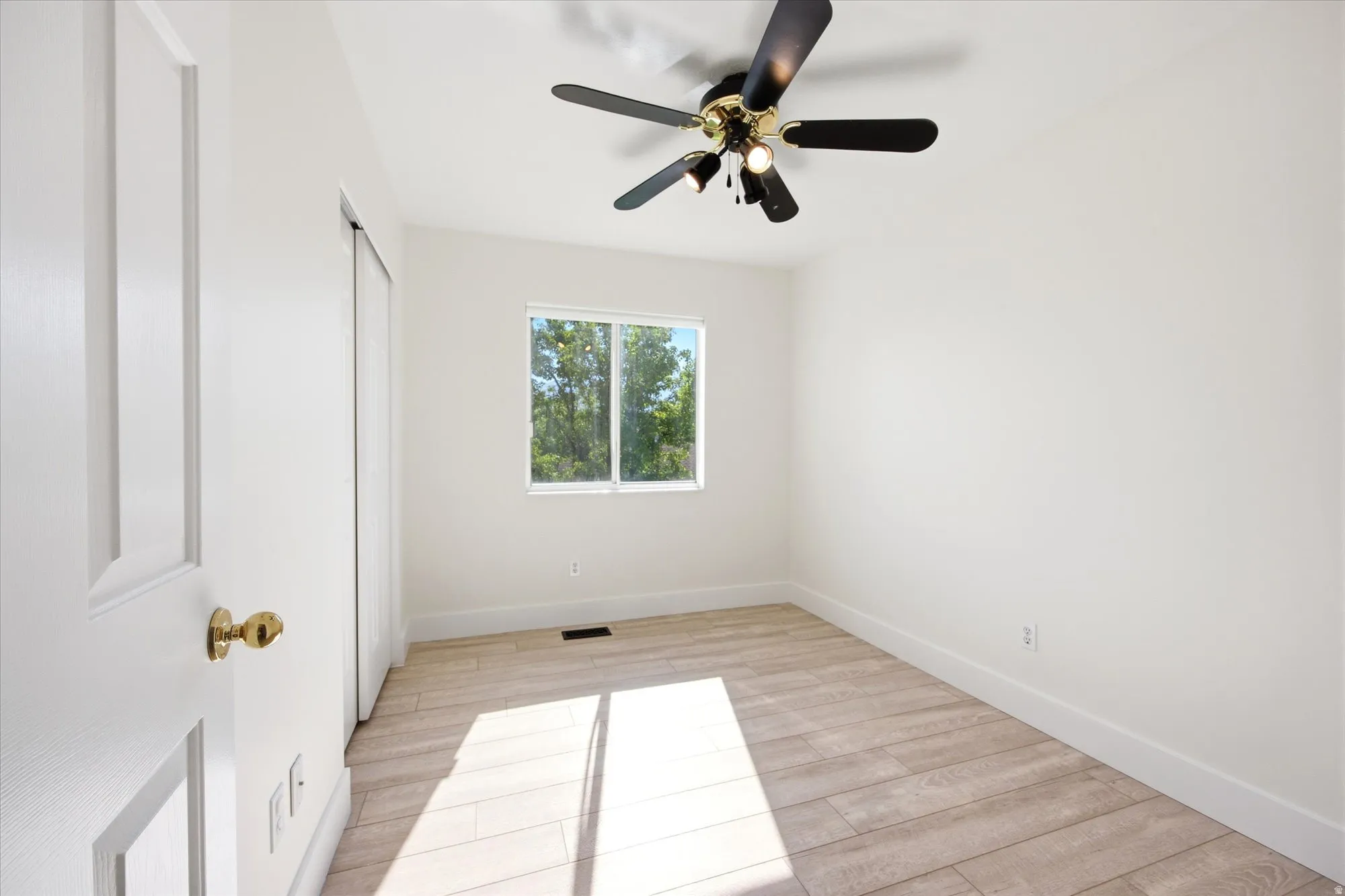 Bright room featuring a window with green tree scenery, light-toned wood-finish flooring, and a ceiling fan with black blades and brass accents