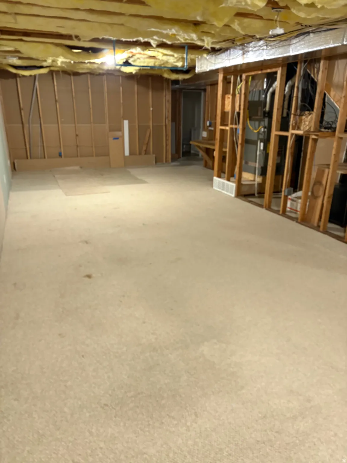 Unfinished basement featuring exposed insulation, wood framing, and existing utility infrastructure