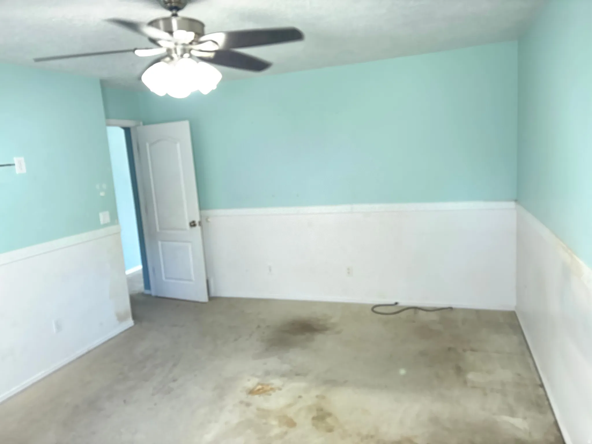 Master Bedroom featuring light blue walls with white wainscoting and a ceiling fan with light fixture
