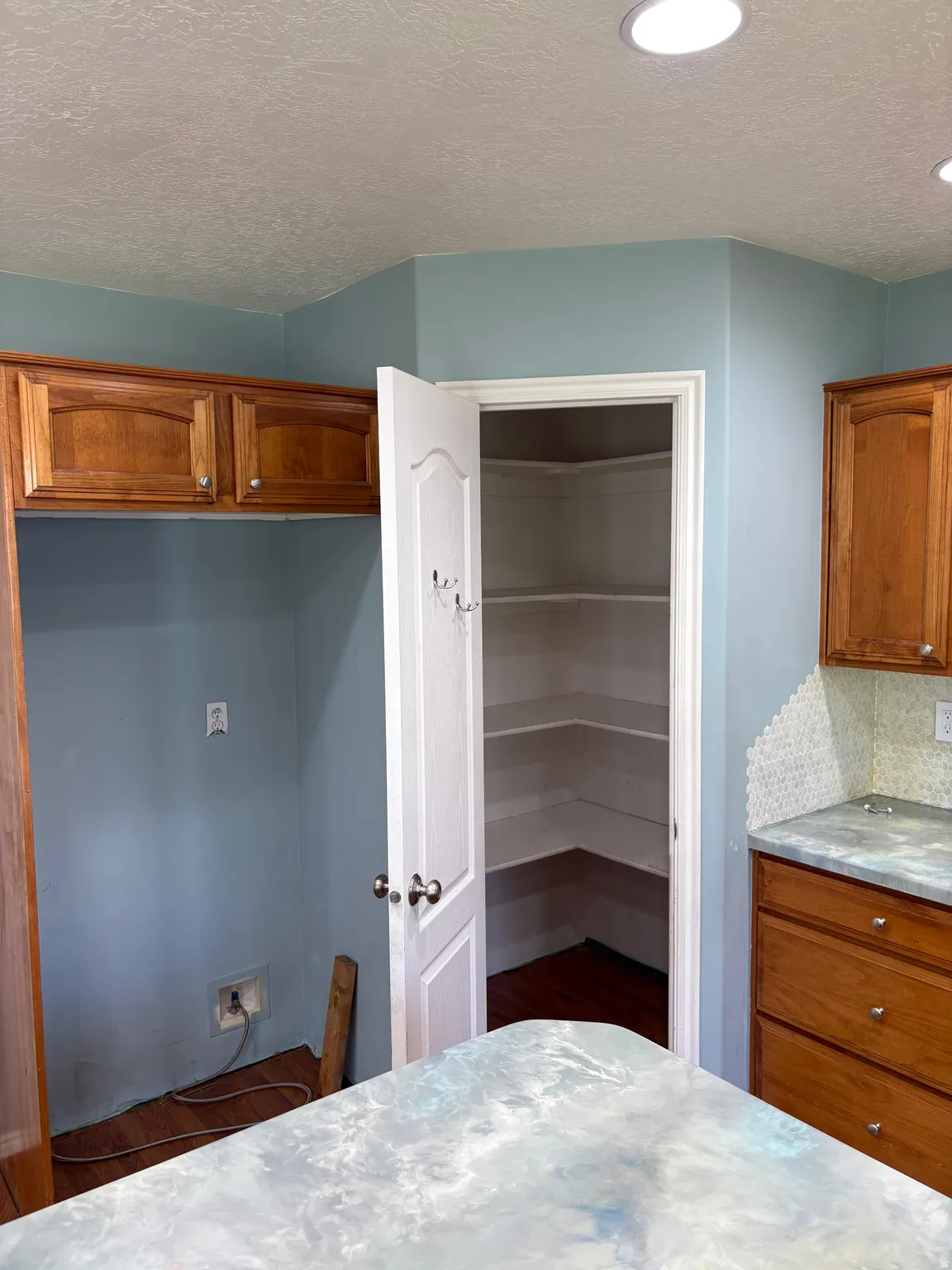 Kitchen featuring a corner pantry with built-in shelving, recessed ceiling lighting, wood cabinetry, and a patterned backsplash