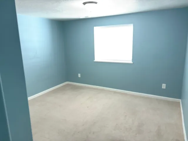 Light blue painted room featuring carpet flooring, a single window, white baseboards, and a flush mount ceiling light