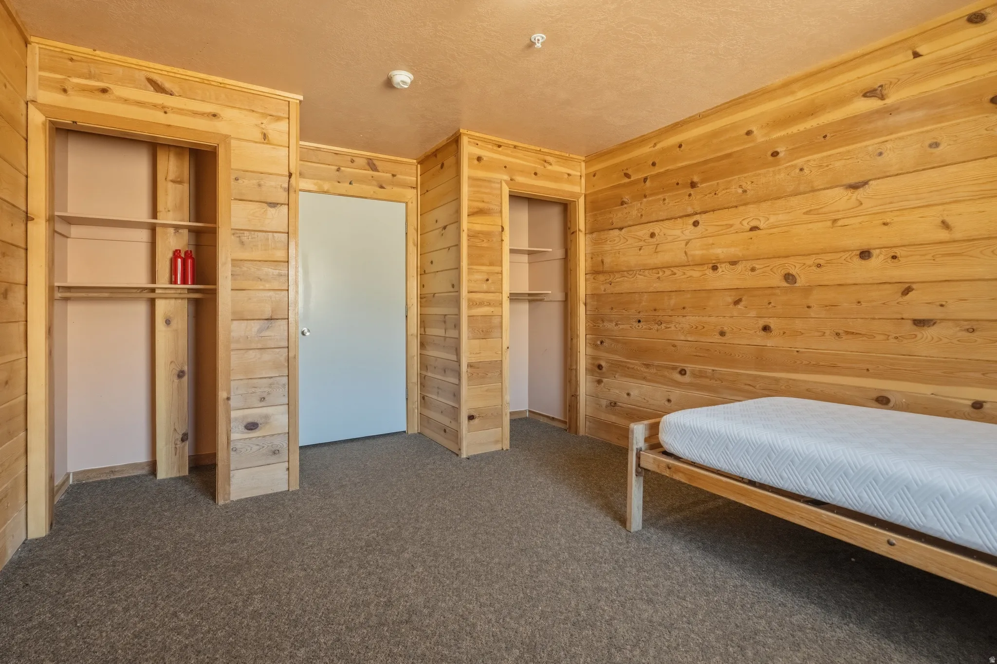 Room featuring wood plank walls, two open closet spaces with built-in shelving, a neutral-toned door, and textured carpet flooring