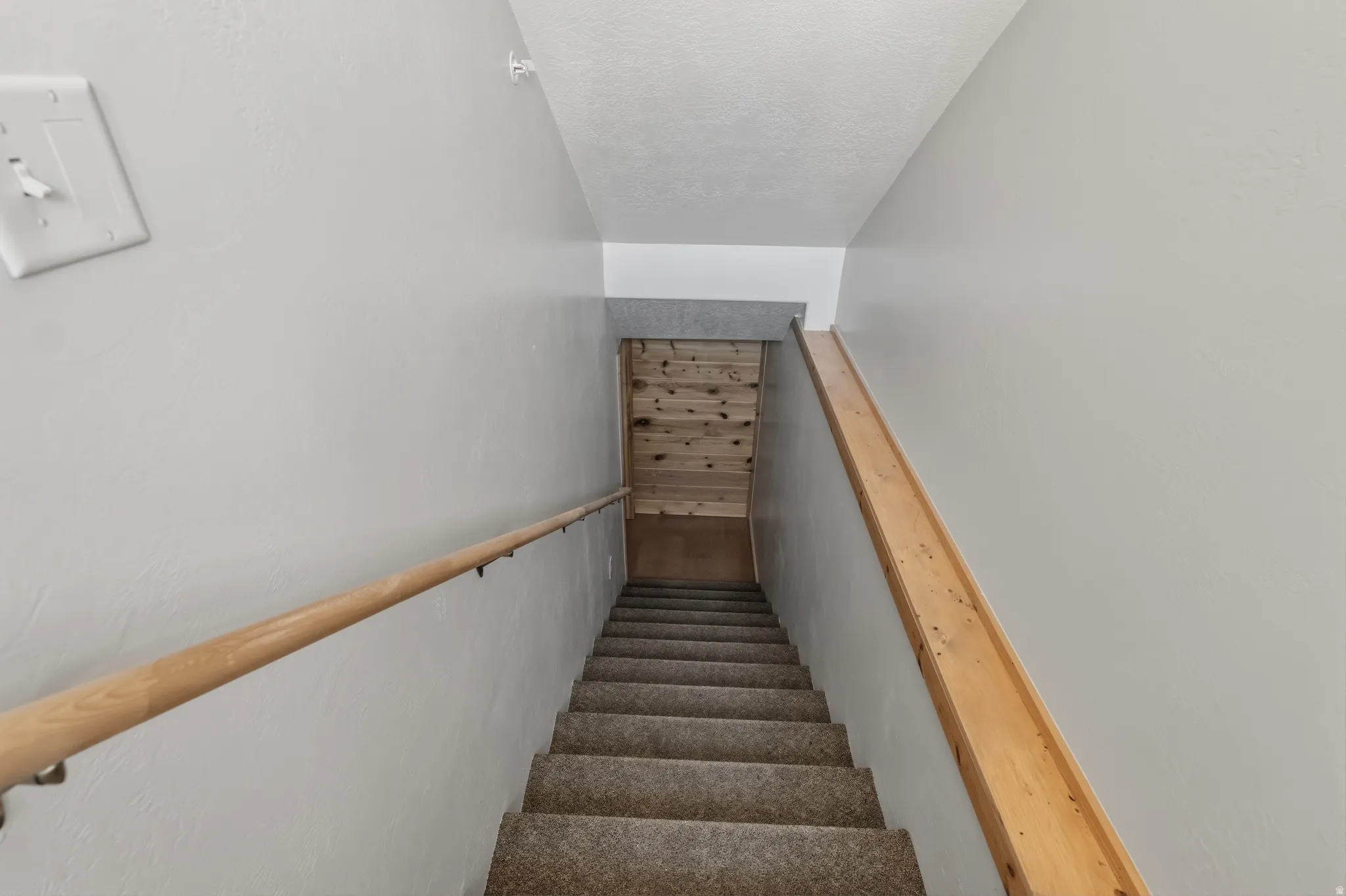 Carpeted staircase featuring a natural wood handrail and light gray wall paint