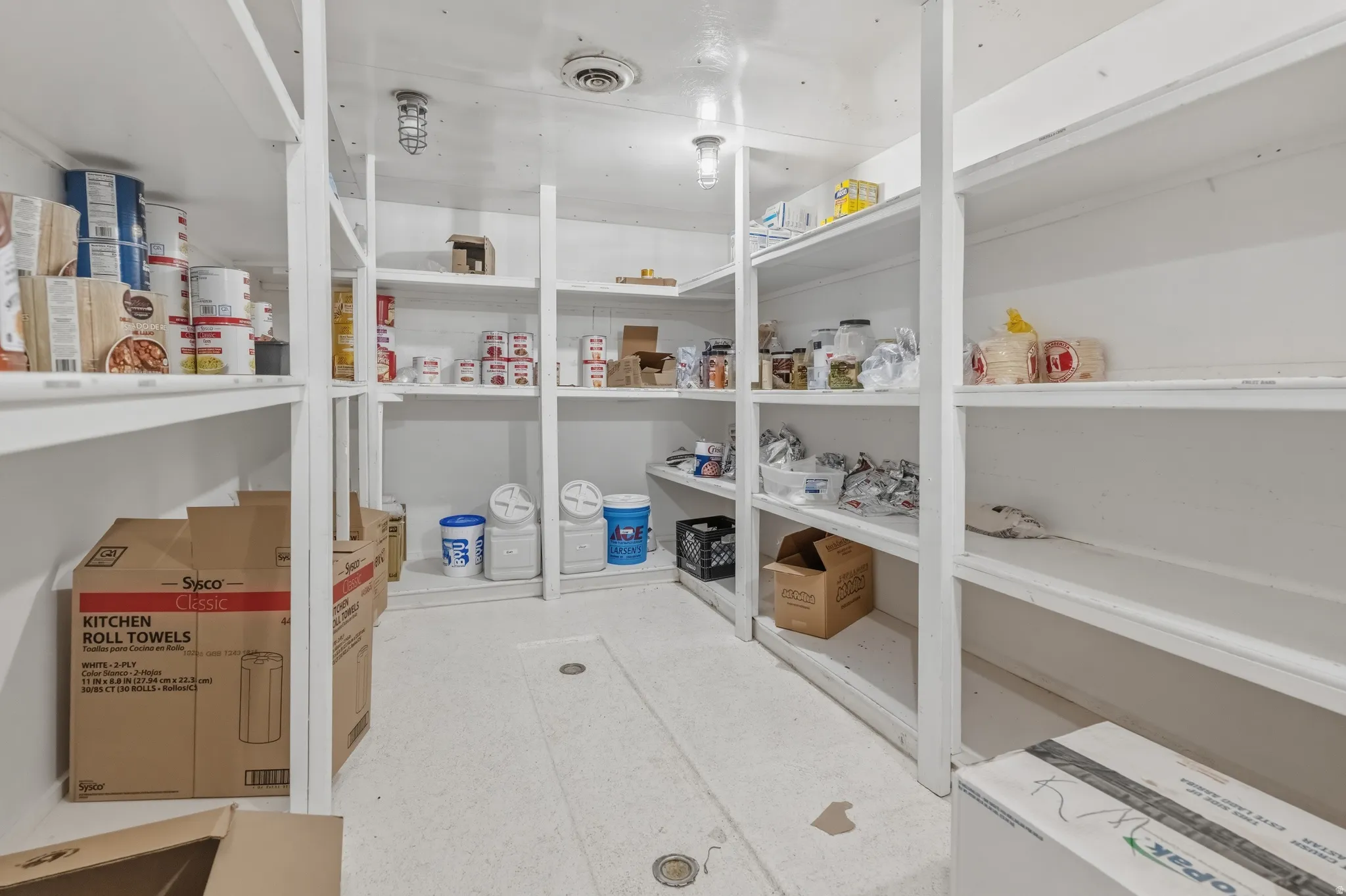 Spacious storage room featuring extensive built-in shelving, white painted walls, ceiling-mounted lighting, and a white finished floor