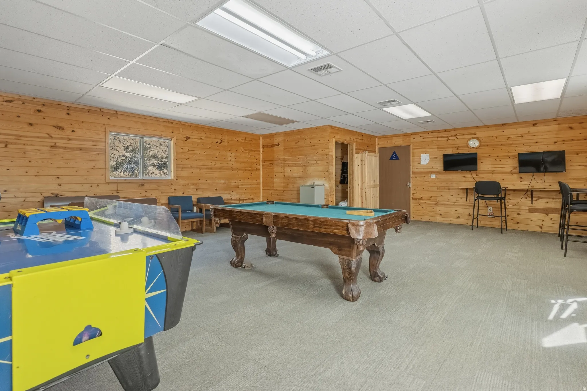 Recreation room featuring wood-paneled walls and neutral-toned carpeting