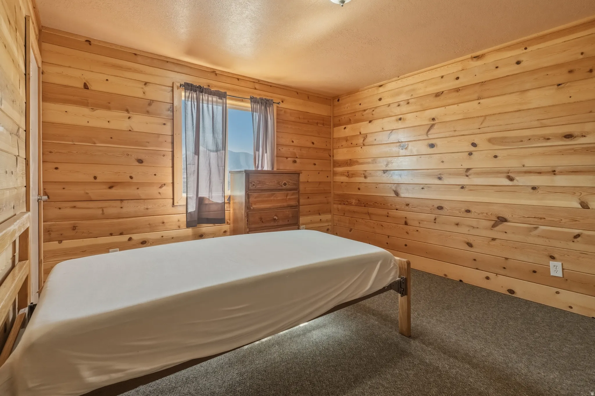 Room featuring extensive wood paneling, a window with exterior scenery, and carpeted flooring