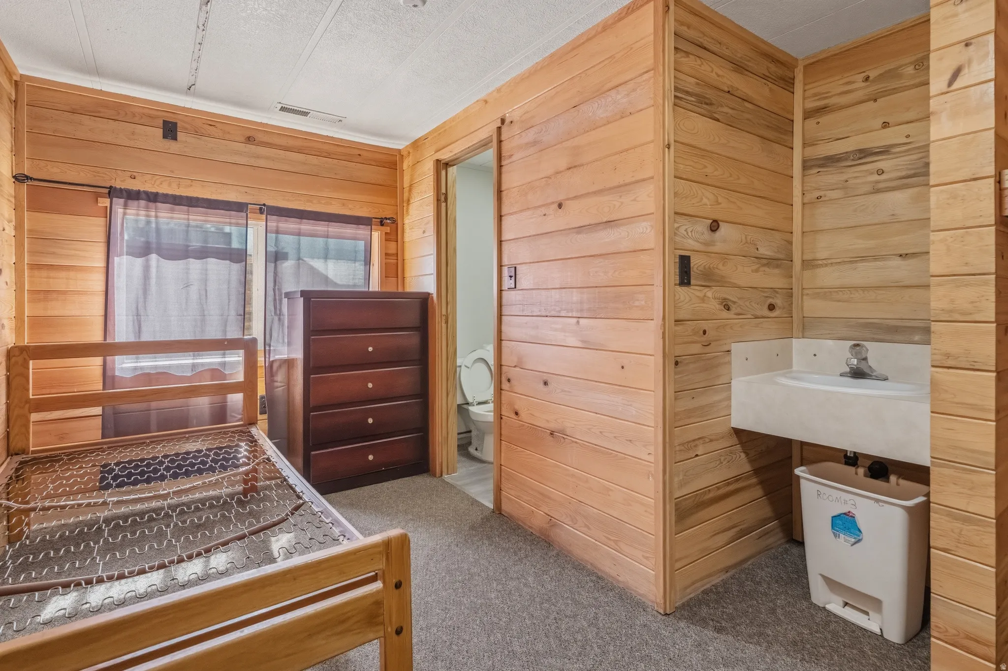 Interior space featuring wood-paneled walls and a carpeted floor