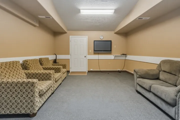 Finished lower level featuring neutral wall tones, gray carpeting, a built-in wall shelf, and recessed lighting