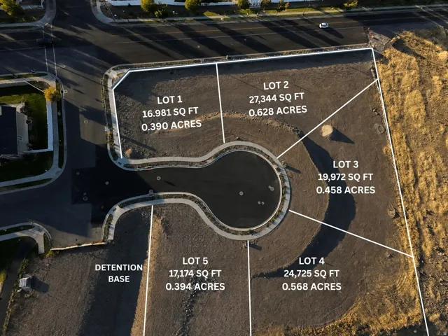 Site Plan. An aerial view of the property divided into five distinct lots with corresponding square footage and acreage, including a designated detention basin