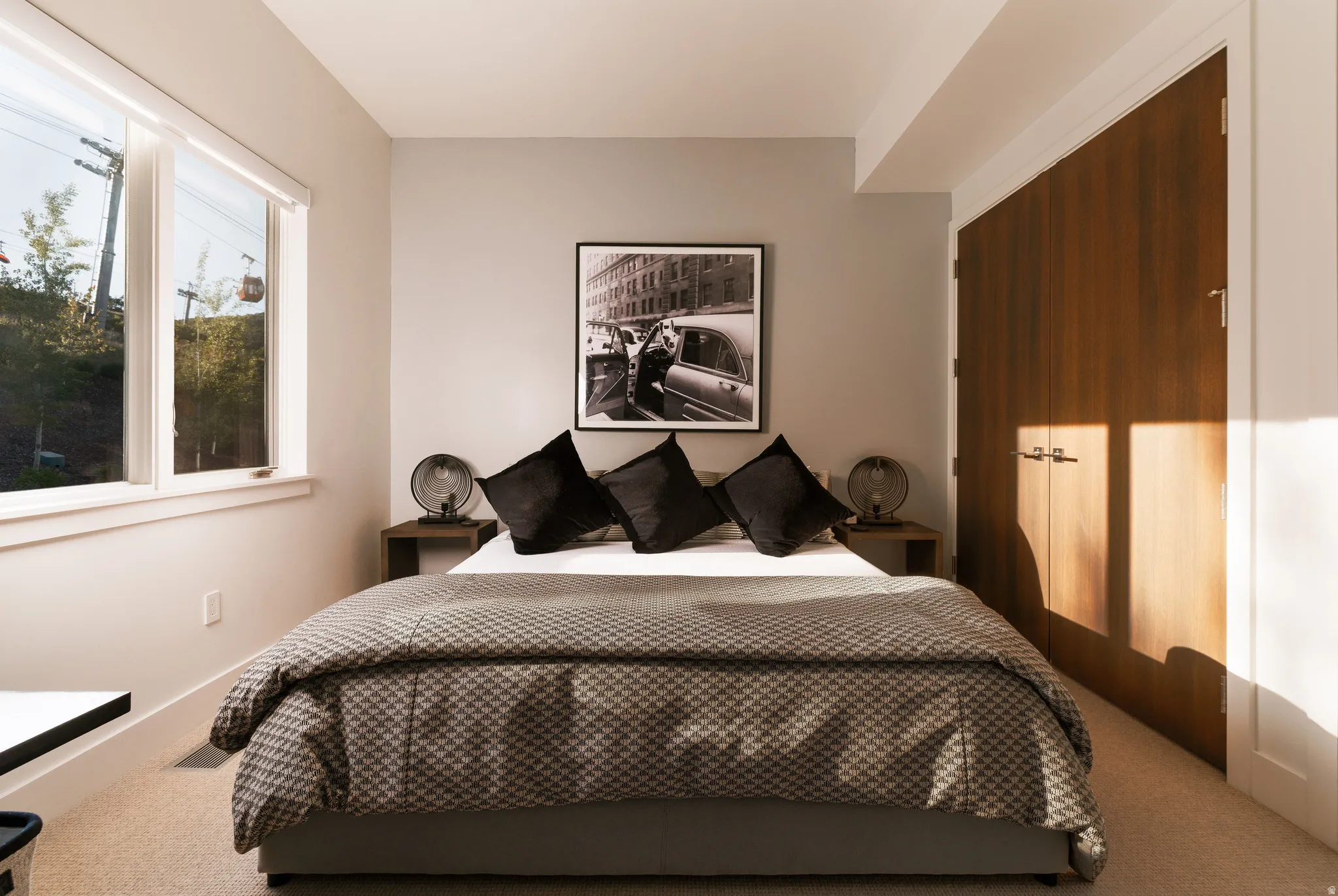 Carpeted bedroom featuring multiple windows, a wood-finish double-door closet, and neutral wall paint