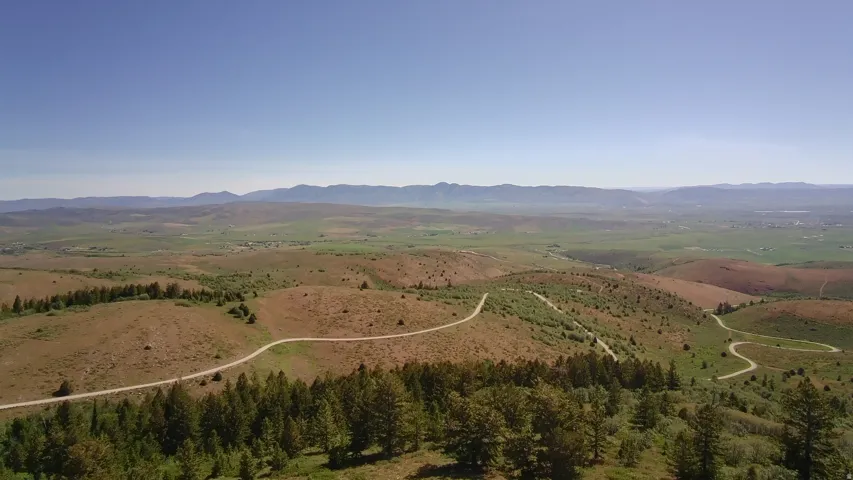 Expansive undeveloped acreage featuring rolling hills, scattered mature trees, and a distant mountain range under a clear sky
