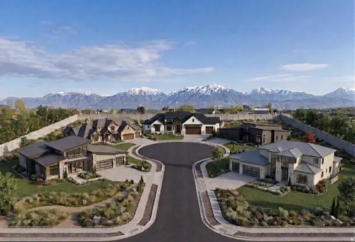 Cul-de-sac of modern residences with mountain backdrop