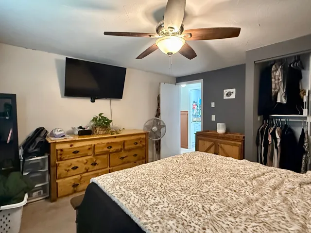 Room featuring a ceiling fan with integrated lighting, a built-in closet with shelving and hanging rods, and a wall-mounted television
