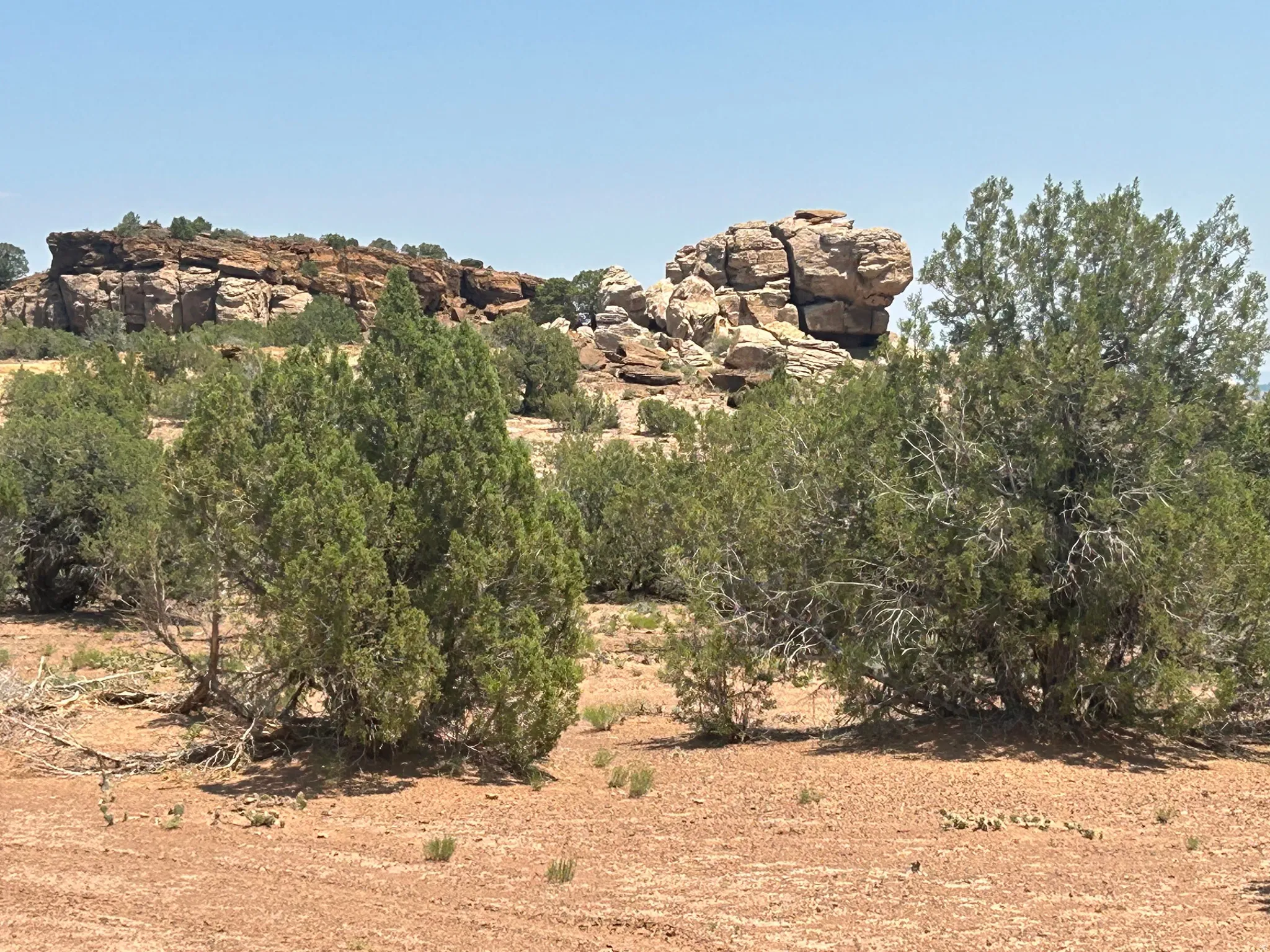 High desert landscape featuring natural rock formations and scattered juniper trees