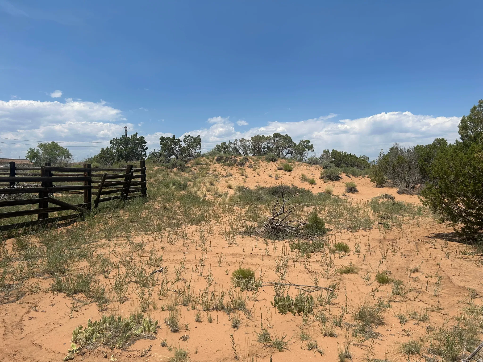 Expansive natural landscape featuring red sand, sparse desert vegetation, and a rustic wooden fence