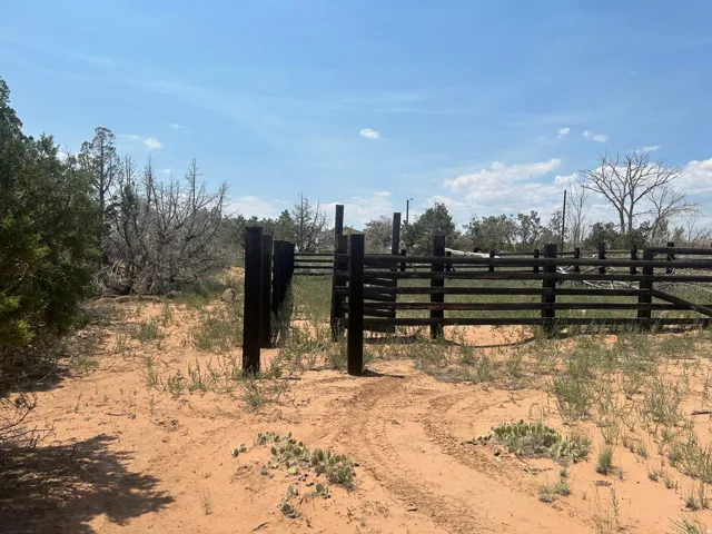 Rural landscape featuring a dark wood fence and gate, open sky, scattered vegetation, and a sandy terrain