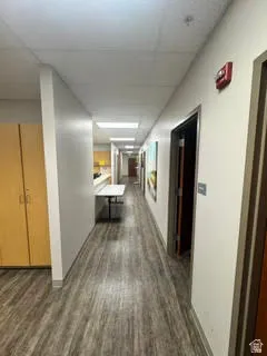 Hallway featuring wood-finish flooring, recessed lighting, and neutral wall tones