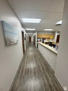 Long hallway featuring wood-finish flooring, recessed lighting, and multiple paneled doors