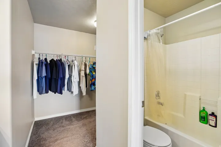 Walk-in closet with wire shelving system and dark carpeting