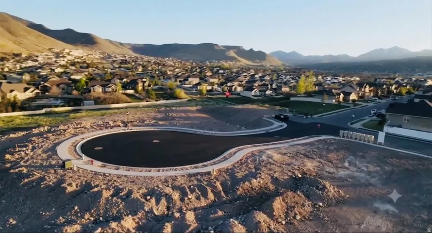 Developed cul-de-sac with paved road and concrete curbing