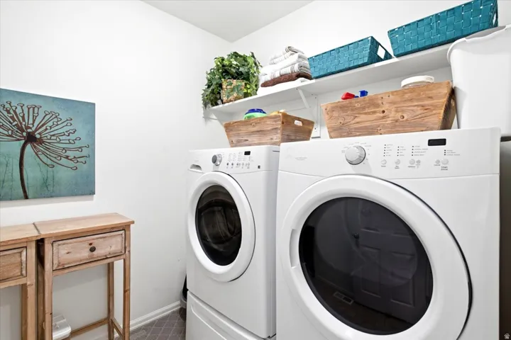 Dedicated laundry area with white walls and patterned flooring