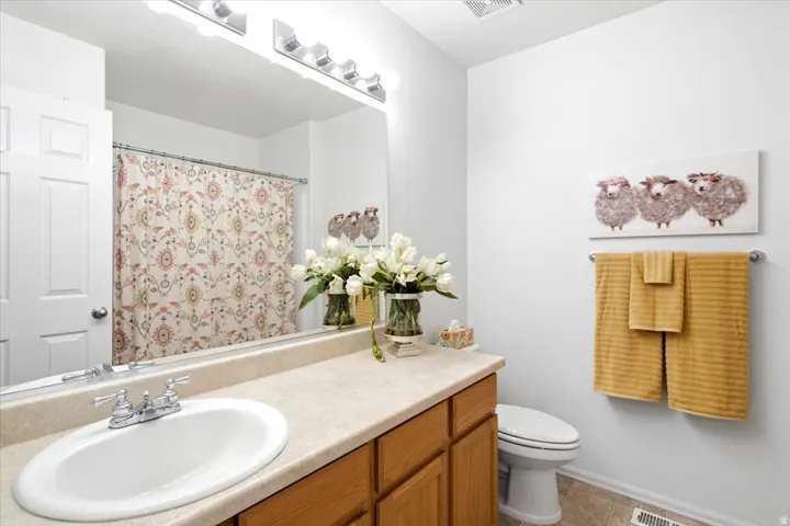 Bathroom featuring an elongated vanity with an integrated oval sink, chrome faucet, and wood-finish cabinetry