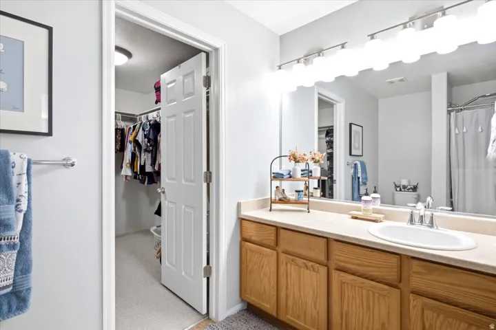 Bathroom with a single vanity, wood-finish cabinetry, and a large mirror