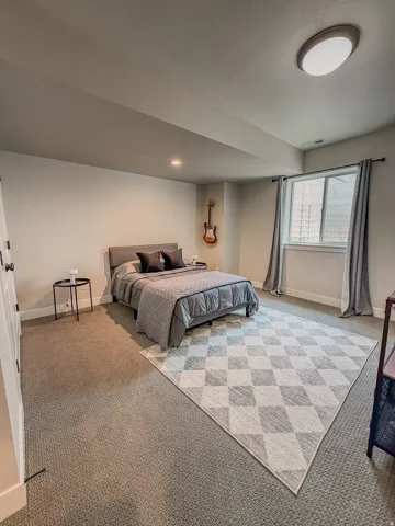 Carpeted flooring throughout, featuring a recessed ceiling light and an additional flush-mount light fixture