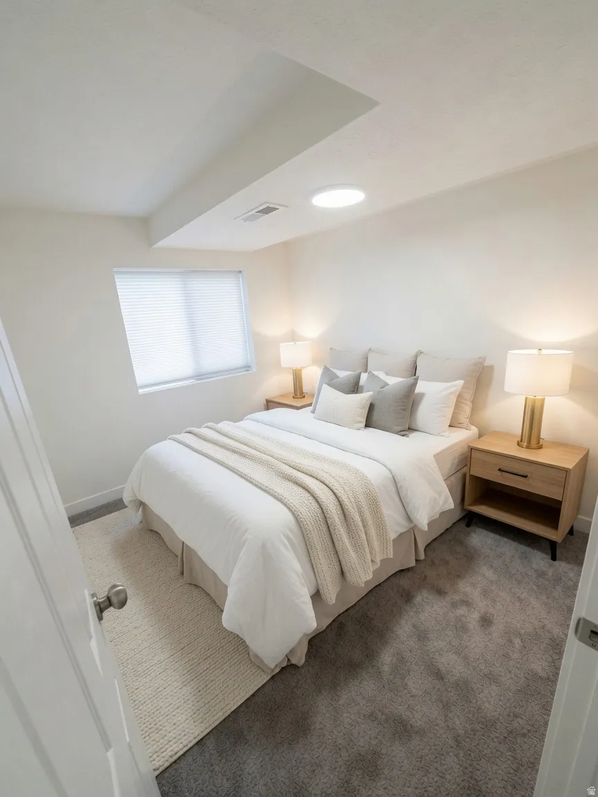 Neutral-toned room featuring a window with blinds, recessed lighting, and grey carpeting