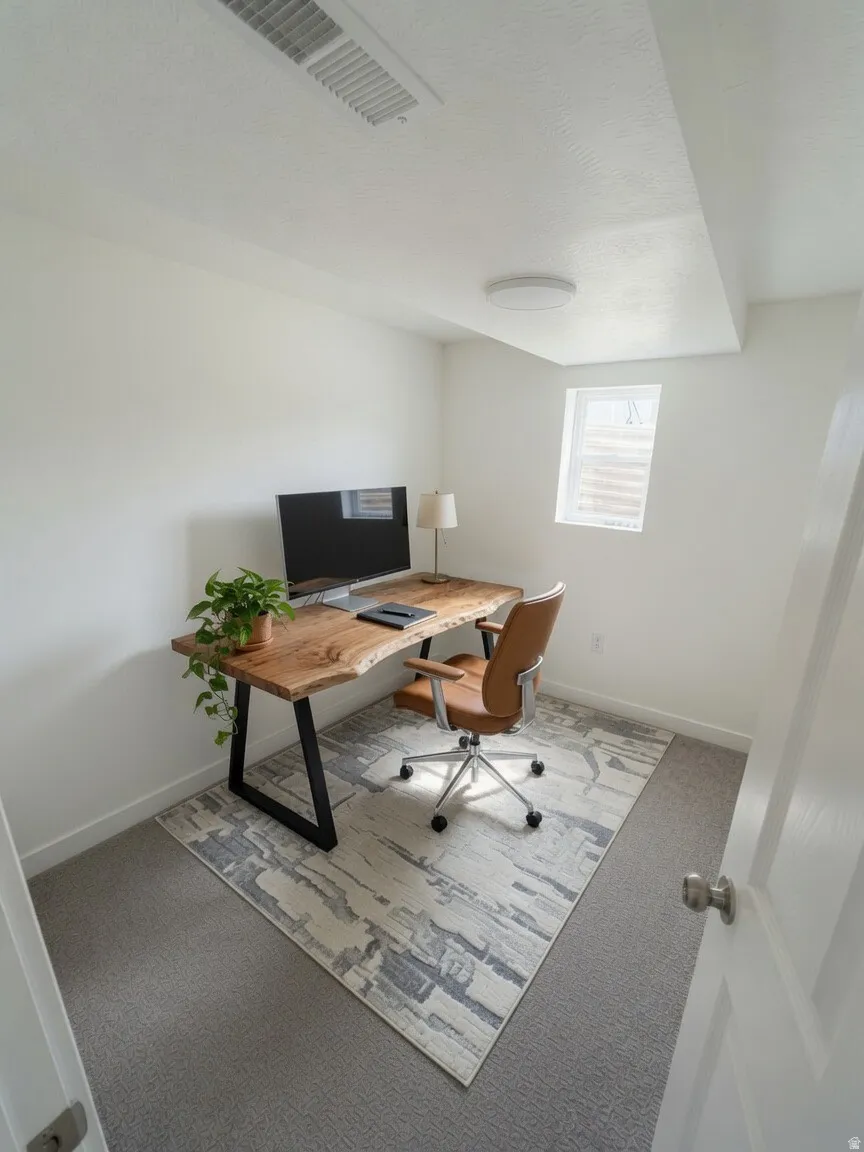 Recessed window providing natural light, overhead flush-mount lighting, clean white walls, and gray carpet flooring