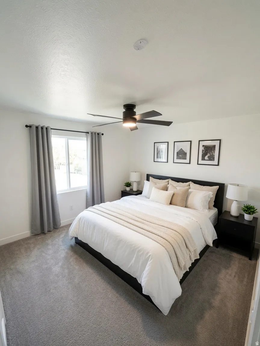 Carpeted room featuring a ceiling fan with integrated lighting, a window with curtains, and white walls