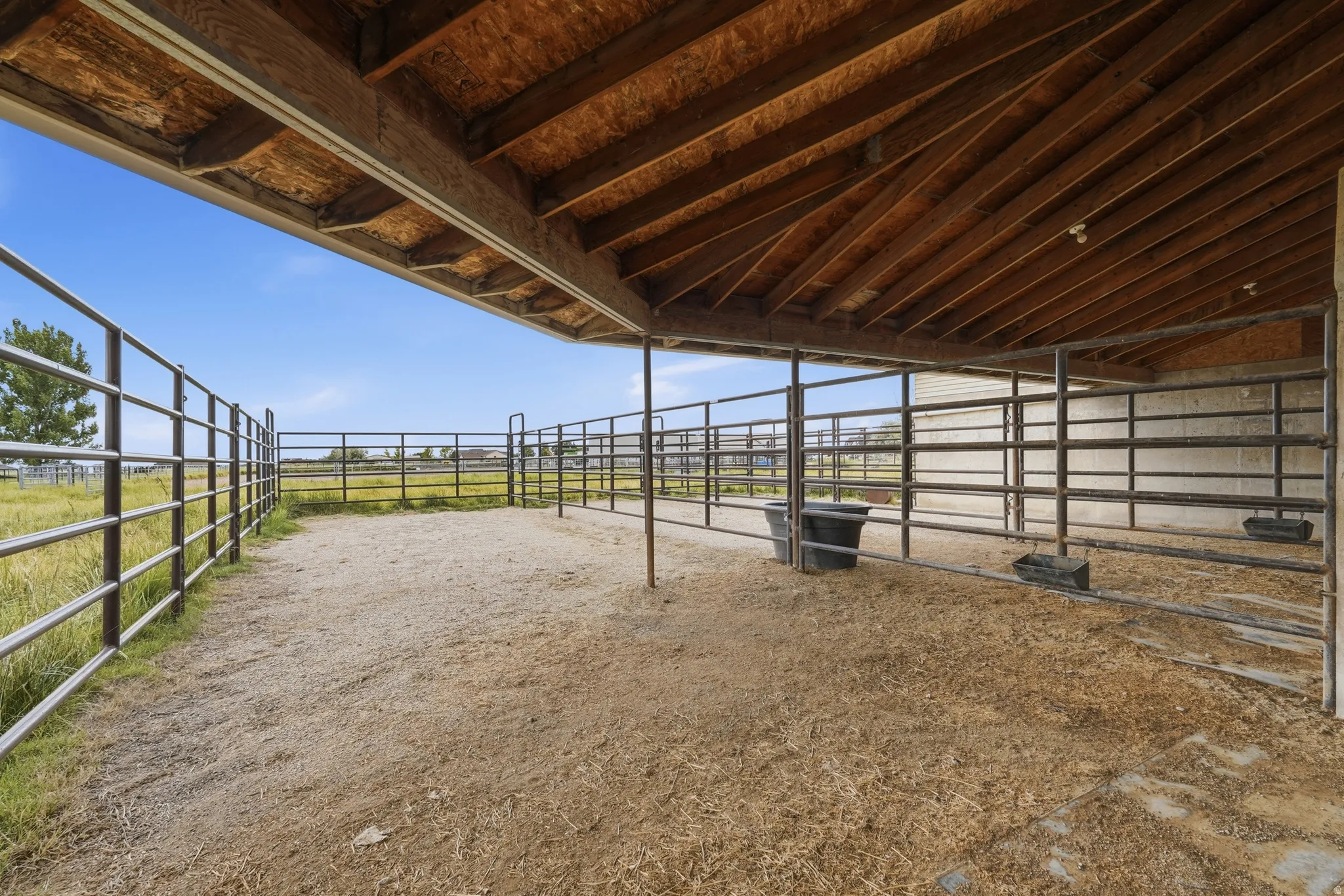 Covered animal pen featuring metal fencing, a high wood-finish ceiling, and a large open-air section