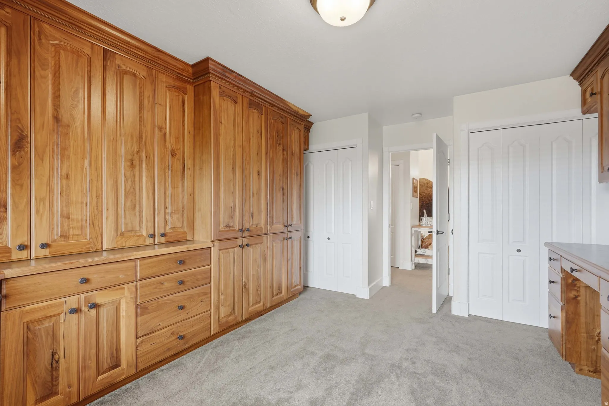 Custom wood cabinetry with extensive storage and integrated desk space