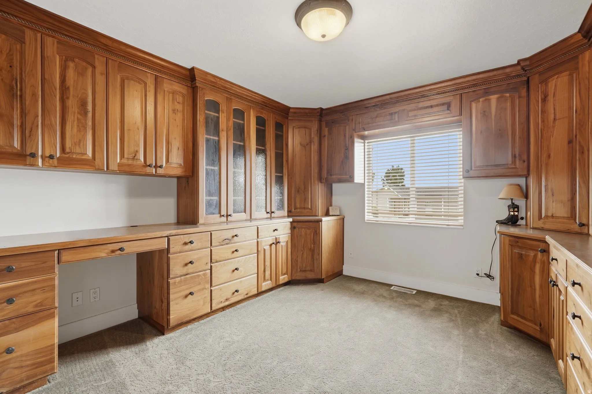 Built-in wood cabinetry throughout featuring clear and frosted glass panel doors, integrated desk space, and abundant drawer storage